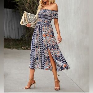 Boho off the shoulder multi colored dress stretchy bodice Sz L maxi dress